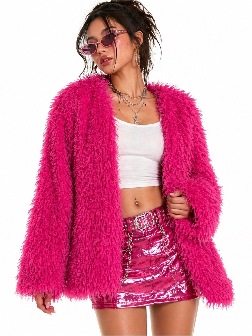 Hot Pink Faux Fur Jacket Shaggy Barbiecore Y2K Glam Dopamine dressing Coat M